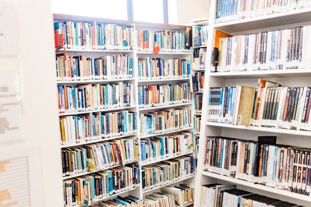 White shelves filled with a variety of books