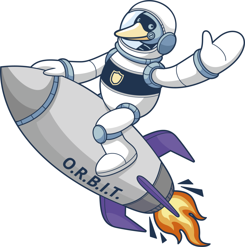 Honk, the OpenSSF goose, riding a rocket ship labeled "O.R.B.I.T."