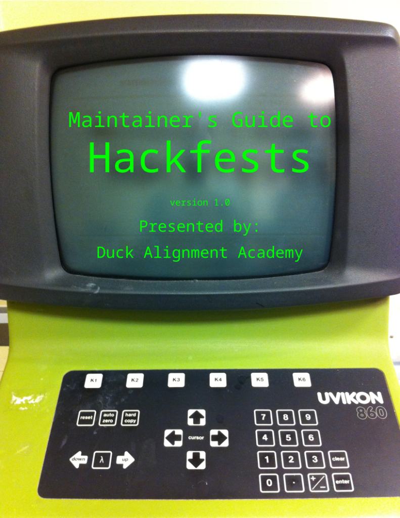 A Uvikon 860 spectrophotometer with the words "Maintainer's Guide to Hackfests" version 1.0 presented by Duck Alignment Academy.